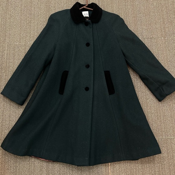 Source Unknown Jackets & Blazers - Vintage Jo Lene Dark Green Wool Blend Overcoat Size 14 Velvet Collar Bow Accent